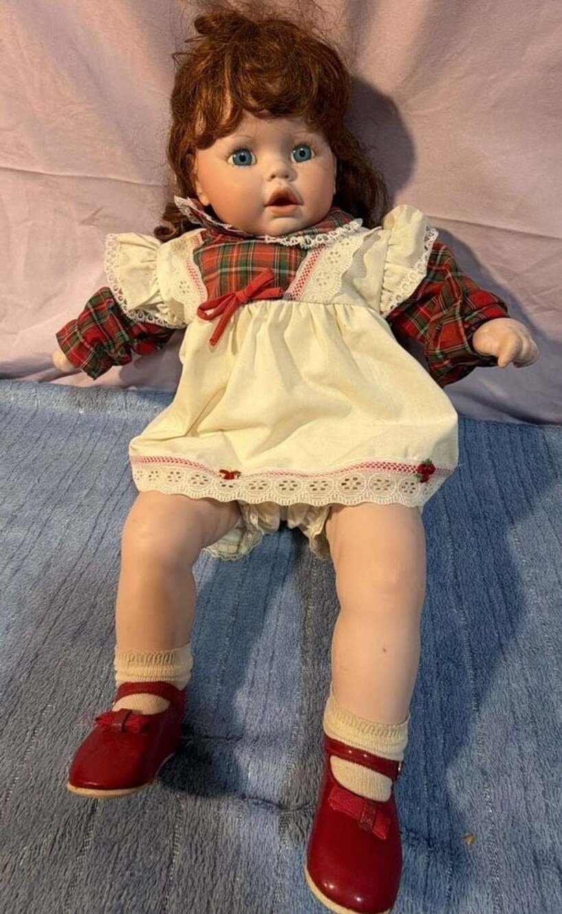 Vintage Porcelain Collector Doll Red Hair Plaid Dress Red Shoes